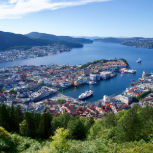 Bergen on warn summer day with fløibanen and bryggen