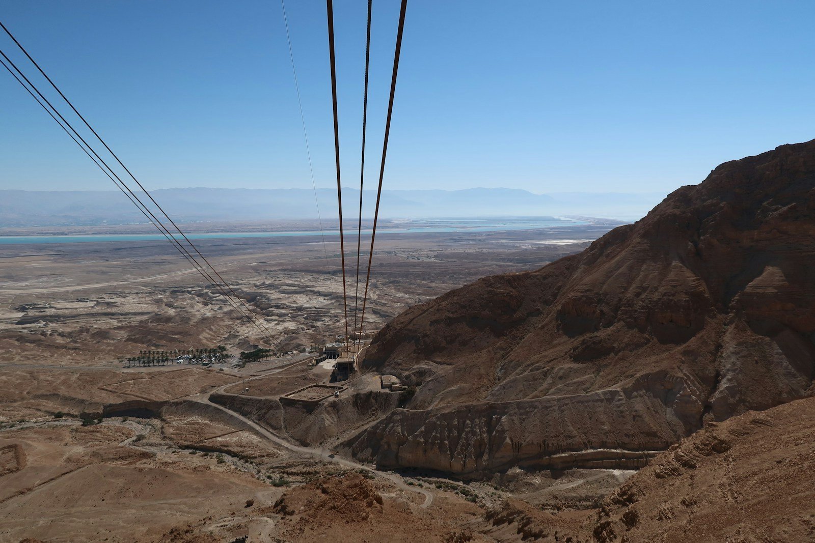 View from Masada's cable car down to the Dead Sea, with the Jordanian mountains beyond