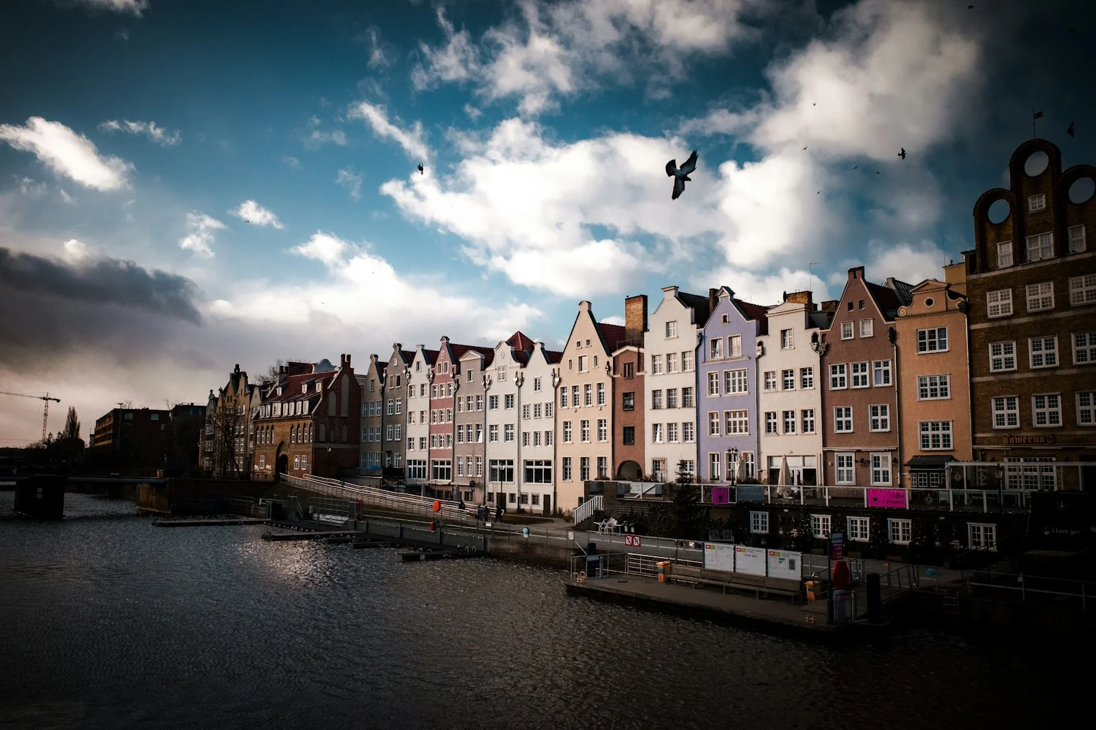 Colorful gabled townhouses along the Motlawa river in Gdansk, Poland